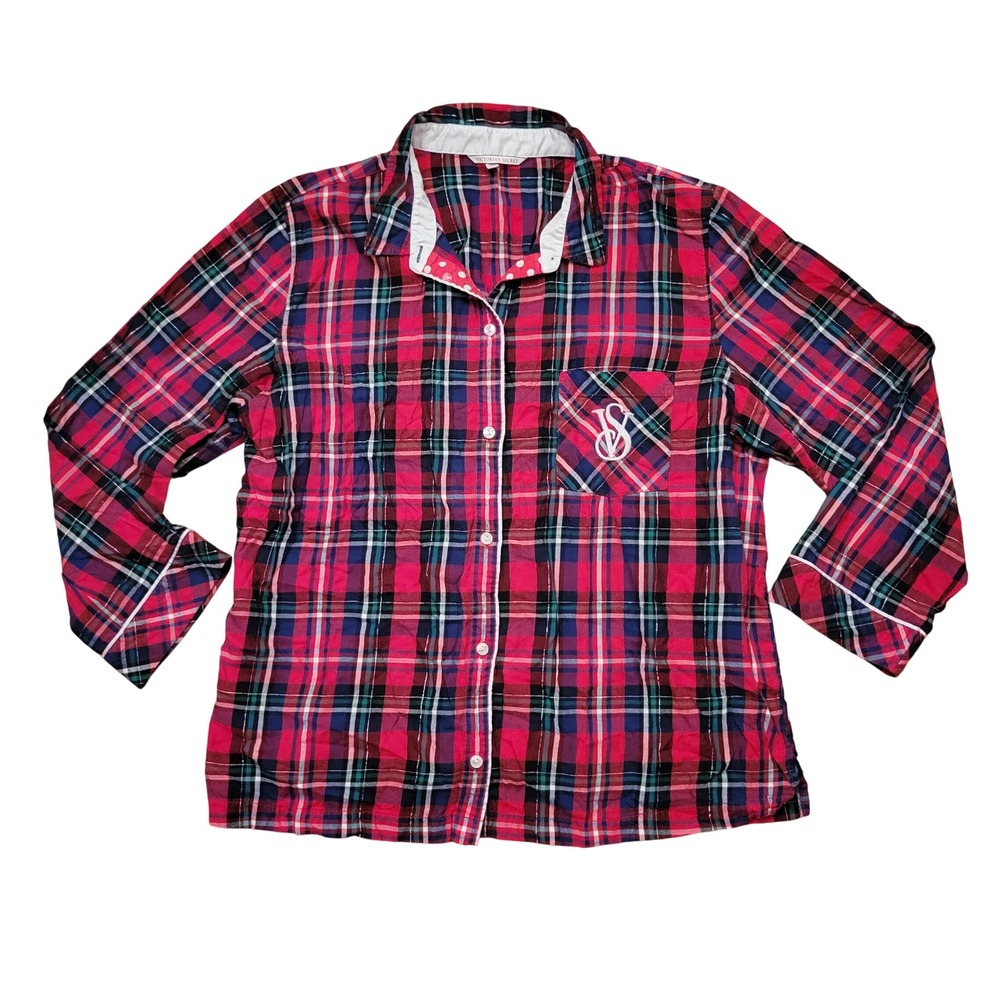 Victorias Secret XL Pajama Top Red Plaid Metallic Button Up Logo Classic Preppy